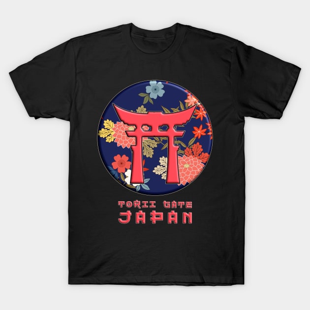 Torii Gate Shinto Japan Asian Culture Red Floral Pattern Chrysanthemum Cherry Blossom 55 T-Shirt by dvongart